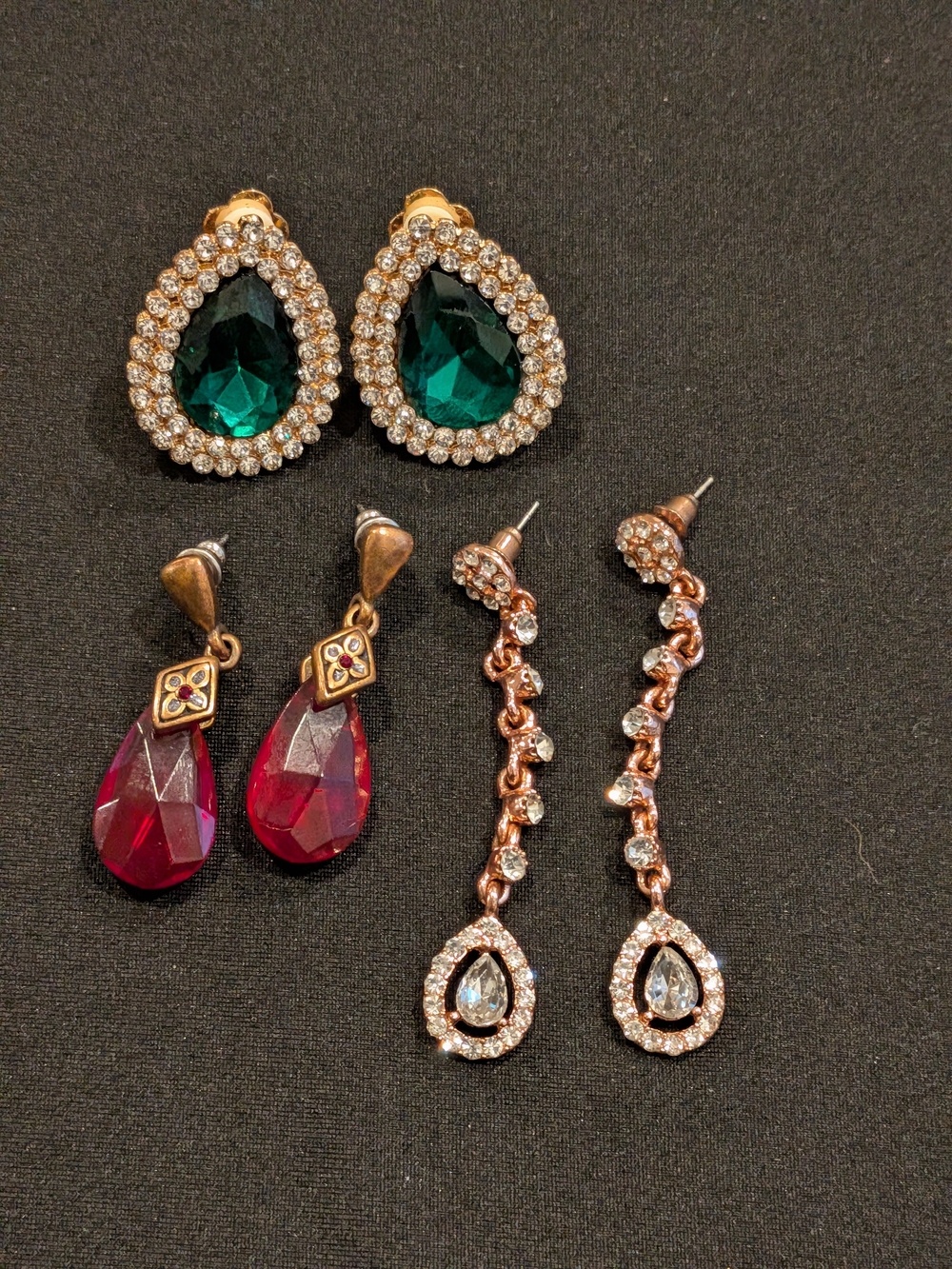 Emerald Teardrop Crystal Stud Earrings for Women Set Of 3 Pairs
